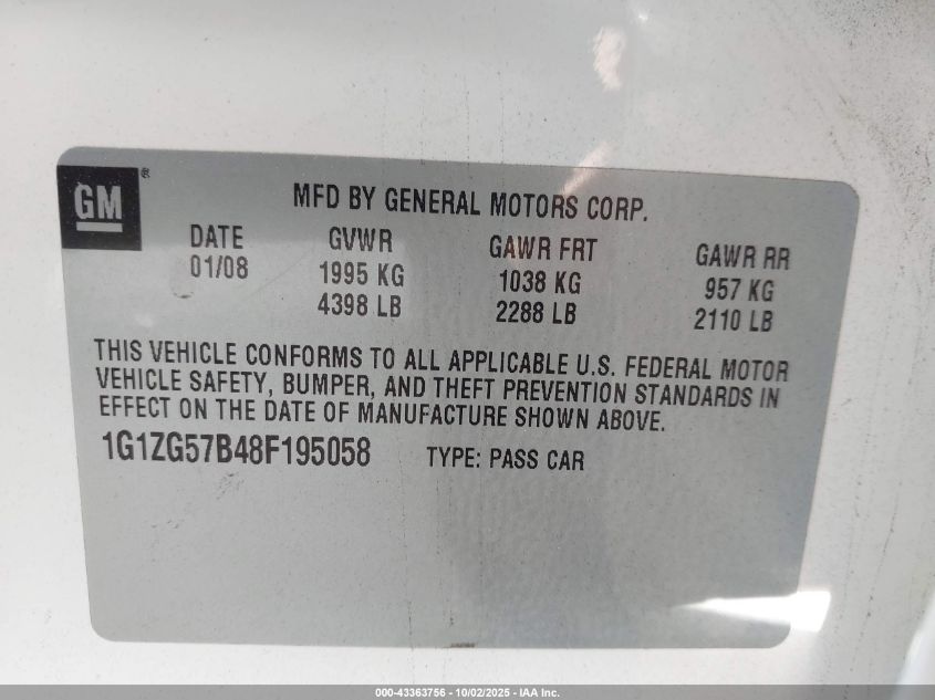 2008 Chevrolet Malibu Ls VIN: 1G1ZG57B48F195058 Lot: 43363756