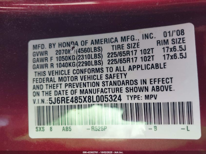 2008 Honda Cr-V Ex VIN: 5J6RE485X8L005324 Lot: 43363761