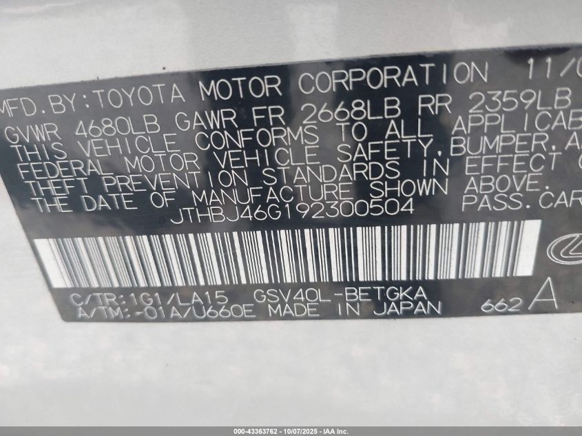 2009 Lexus Es 350 VIN: JTHBJ46G192300504 Lot: 43363762