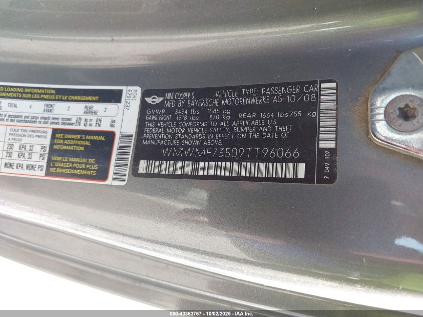 2009 Mini Cooper S VIN: WMWMF73509TT96066 Lot: 43363767