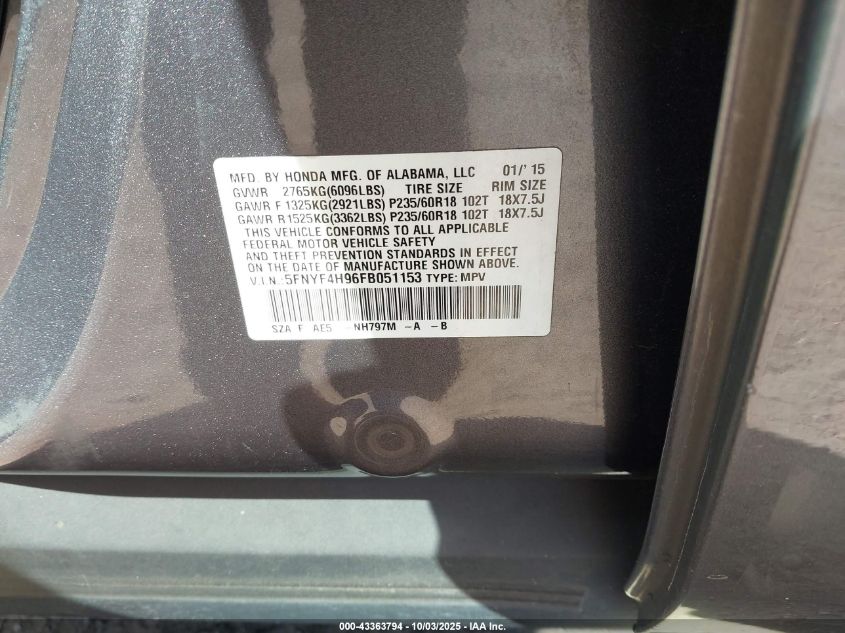 2015 Honda Pilot Touring VIN: 5FNYF4H96FB051153 Lot: 43363794