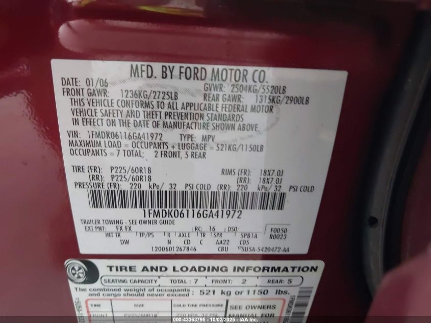 2006 Ford Freestyle Limited VIN: 1FMDK06116GA41972 Lot: 43363795