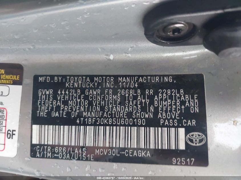 2005 Toyota Camry Xle V6 VIN: 4T1BF30K85U600190 Lot: 43363797