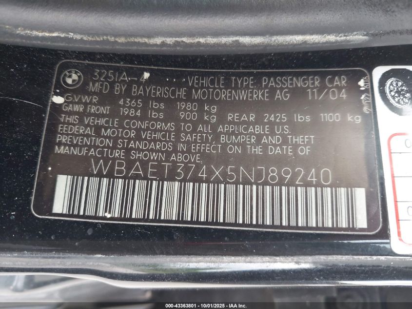 2005 BMW 325I VIN: WBAET374X5NJ89240 Lot: 43363801