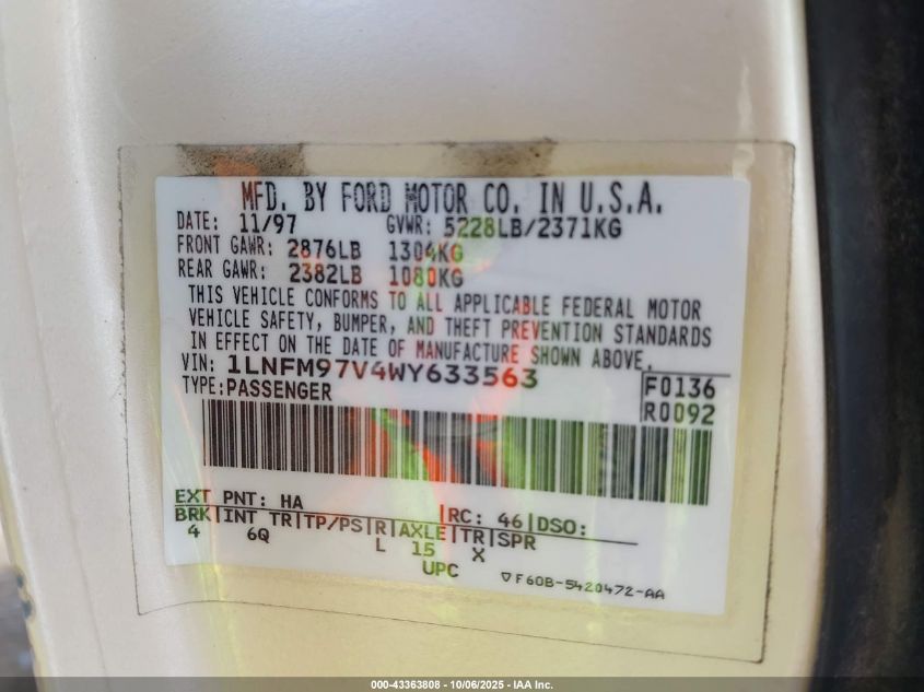 1998 Lincoln Continental VIN: 1LNFM97V4WY633563 Lot: 43363808