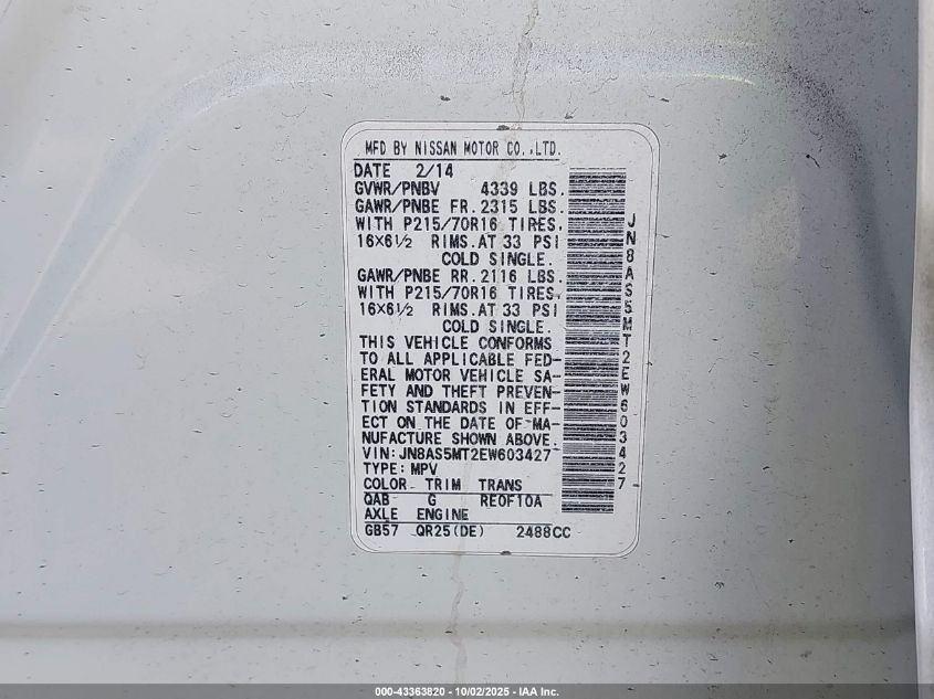 2014 Nissan Rogue Select S VIN: JN8AS5MT2EW603427 Lot: 43363820