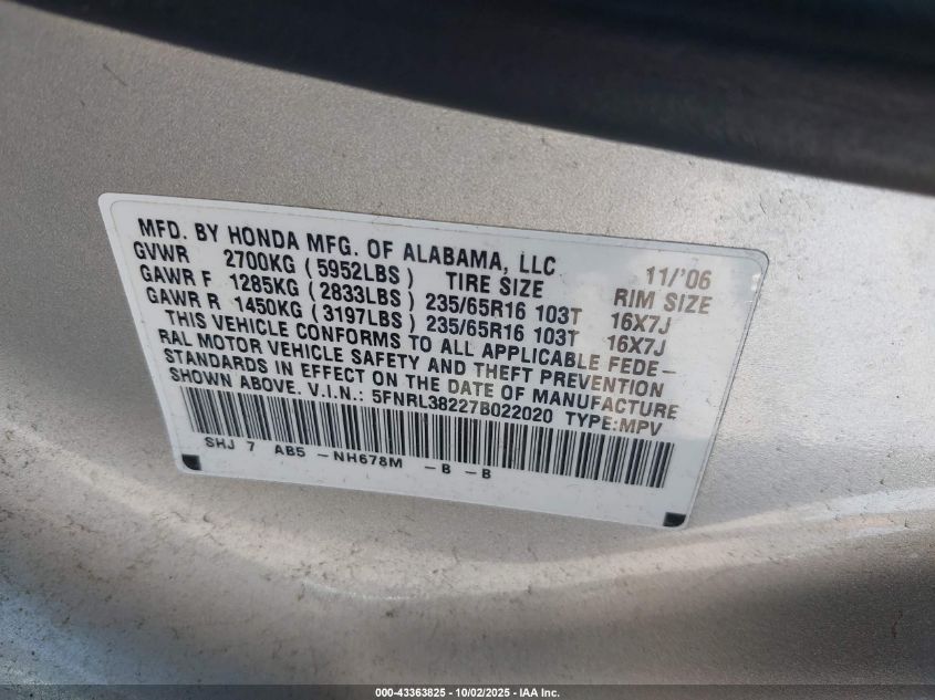 2007 Honda Odyssey Lx VIN: 5FNRL38227B022020 Lot: 43363825