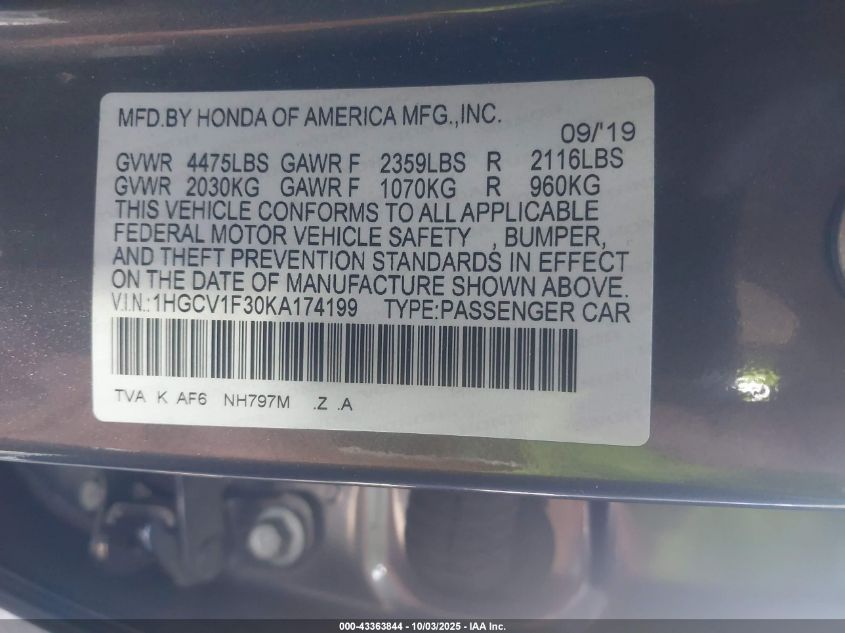 2019 Honda Accord Sport VIN: 1HGCV1F30KA174199 Lot: 43363844
