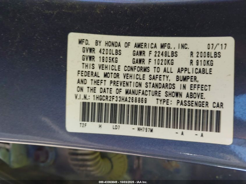2017 Honda Accord Lx VIN: 1HGCR2F33HA268869 Lot: 43363849