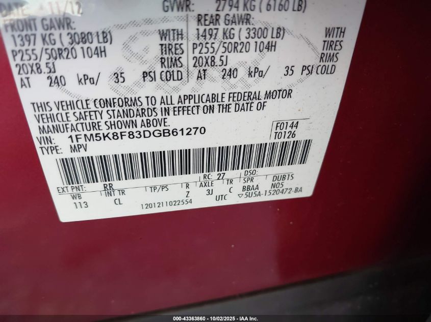 2013 Ford Explorer Limited VIN: 1FM5K8F83DGB61270 Lot: 43363860