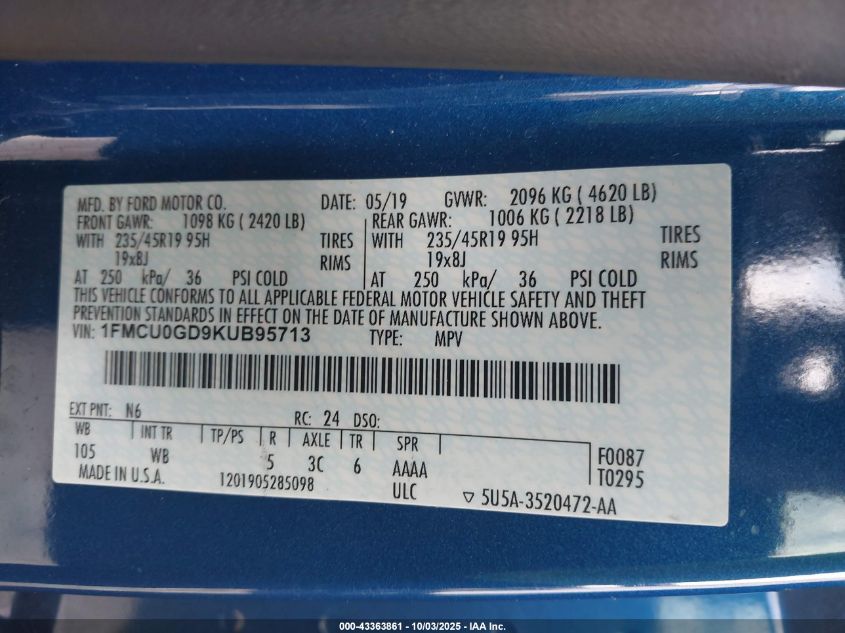 2019 Ford Escape Se VIN: 1FMCU0GD9KUB95713 Lot: 43363861