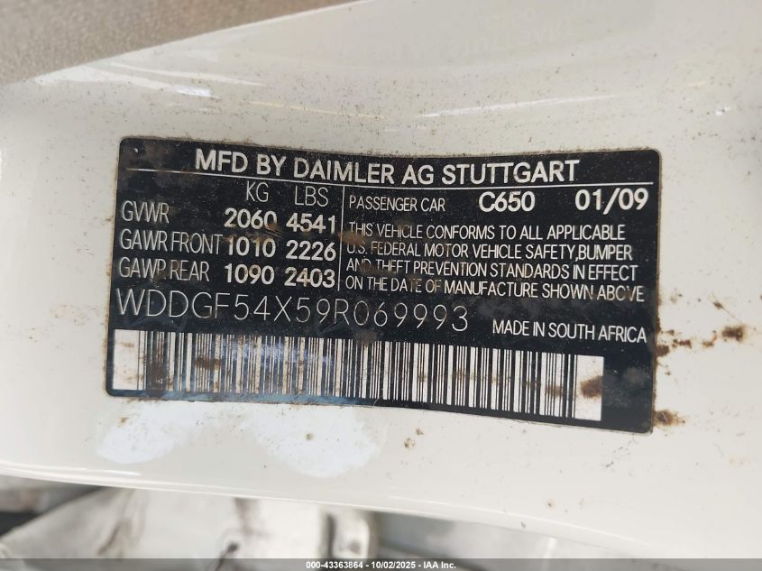 2009 Mercedes-Benz C 300 Luxury/Sport VIN: WDDGF54X59R069993 Lot: 43363864
