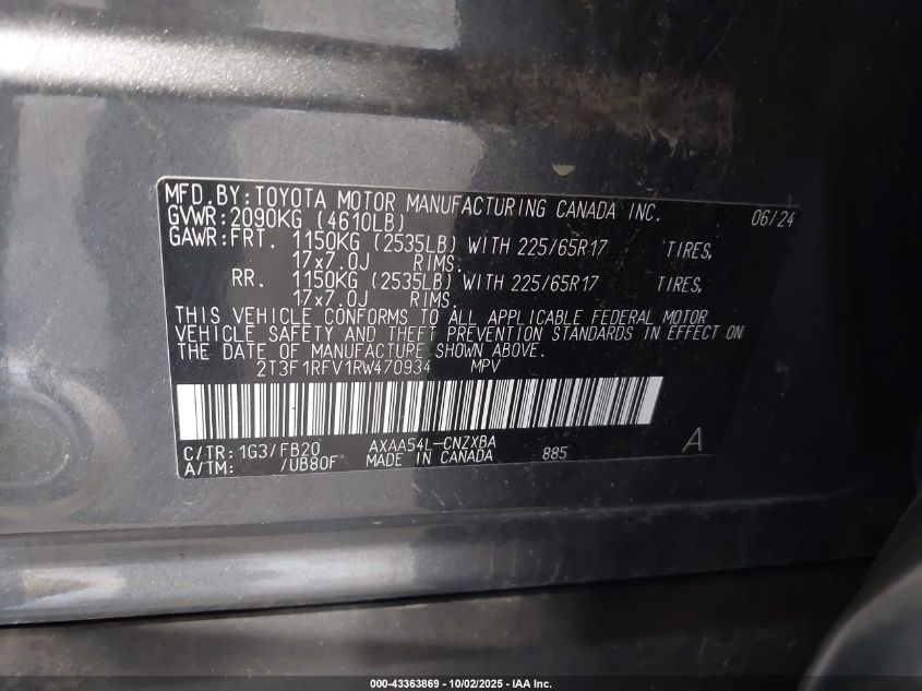 2024 Toyota Rav4 Le VIN: 2T3F1RFV1RW470934 Lot: 43363869