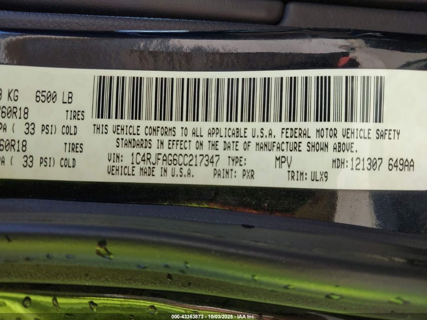 2012 Jeep Grand Cherokee Laredo VIN: 1C4RJFAG6CC217347 Lot: 43363873