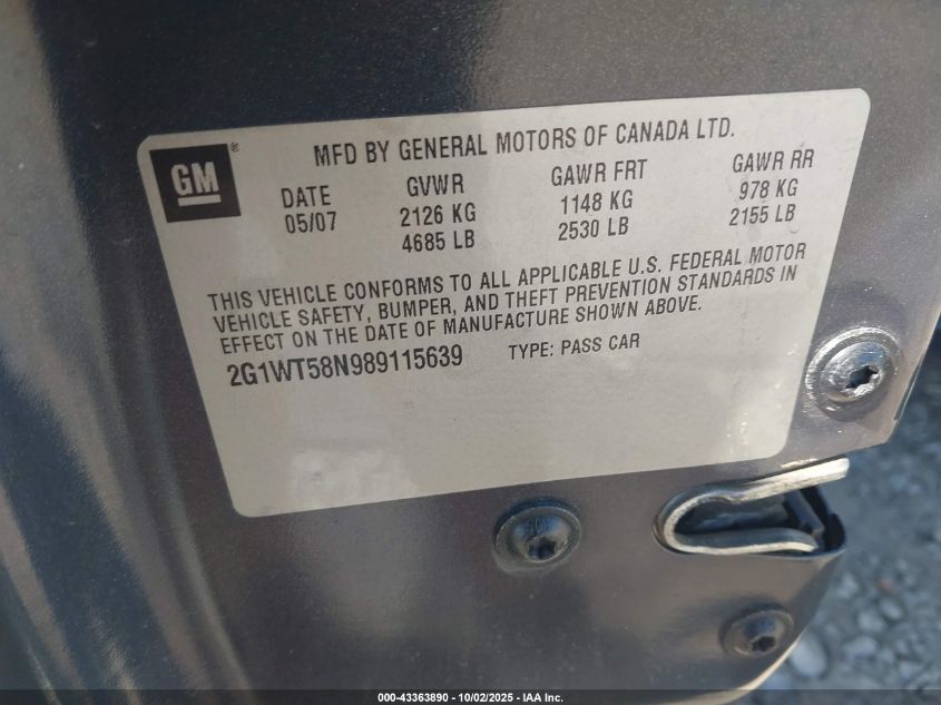 2008 Chevrolet Impala Lt VIN: 2G1WT58N989115639 Lot: 43363890
