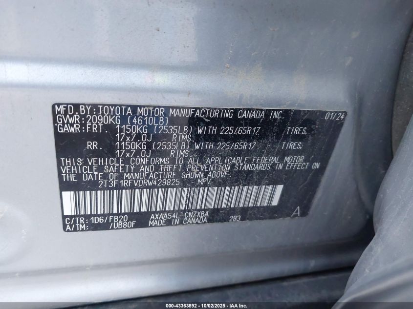 2024 Toyota Rav4 Le VIN: 2T3F1RFV0RW429825 Lot: 43363892