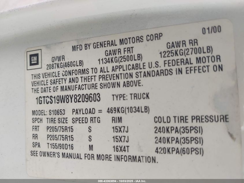 2000 GMC Sonoma VIN: 1GTCS19W8Y8209603 Lot: 43363894