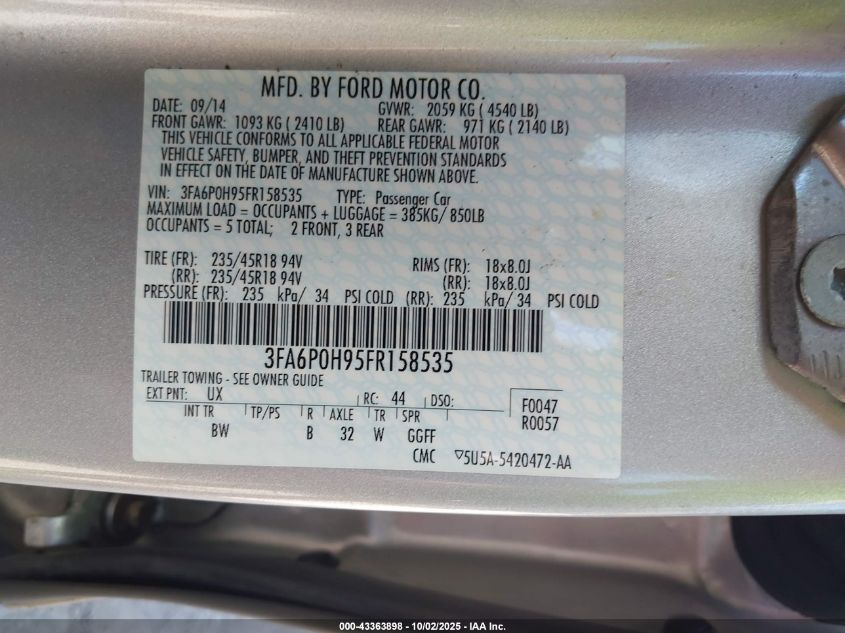 2015 Ford Fusion Se VIN: 3FA6P0H95FR158535 Lot: 43363898