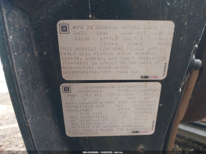 1993 Chevrolet Corvette VIN: 1G1YY23P0P5107295 Lot: 43363909