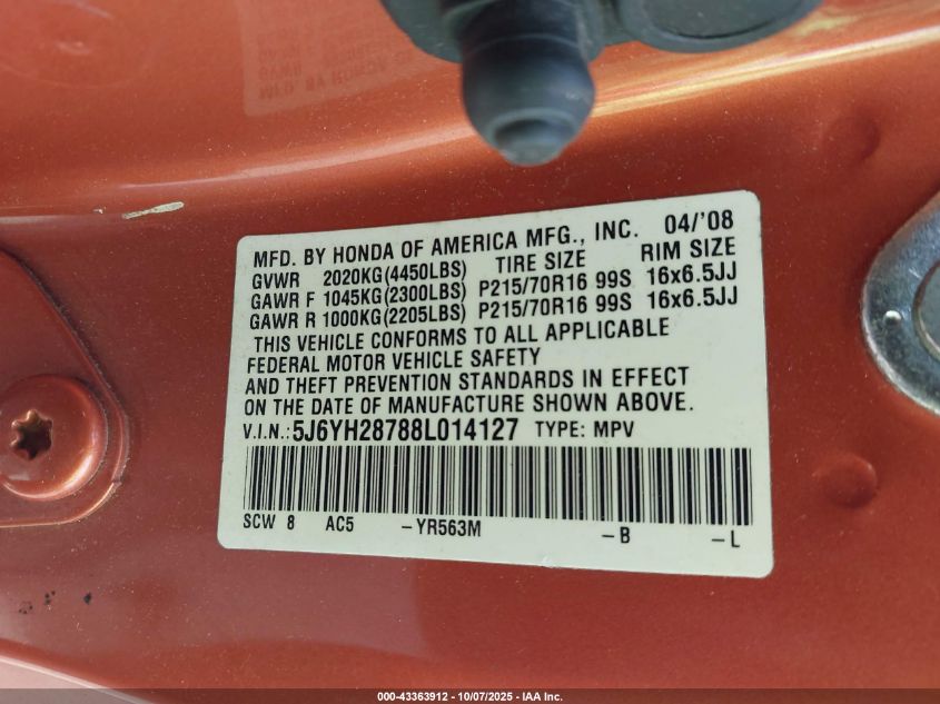 2008 Honda Element Ex VIN: 5J6YH28788L014127 Lot: 43363912