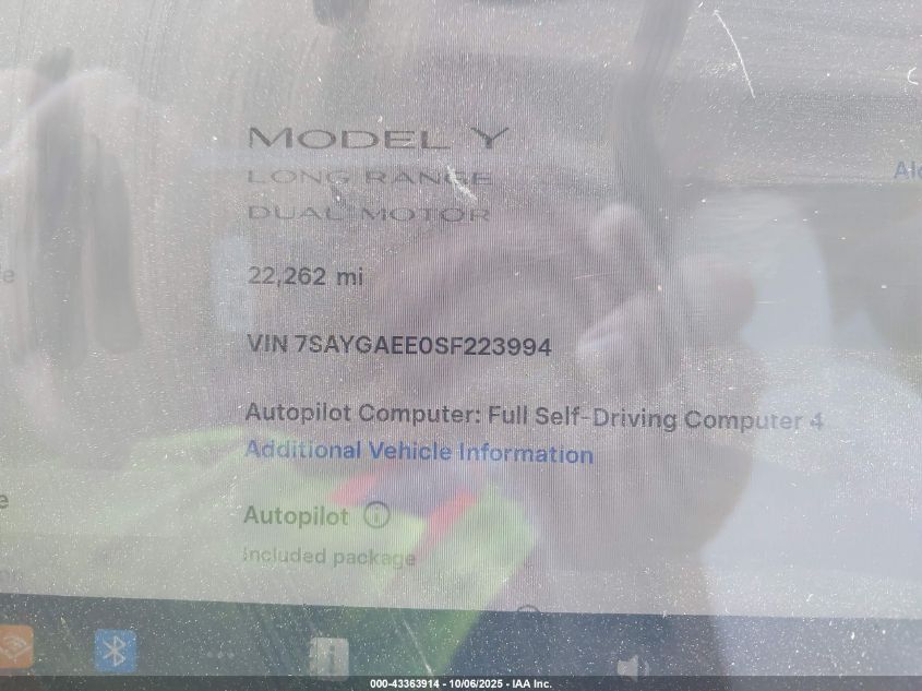 2025 Tesla Model Y Long Range Dual Motor All-Wheel Drive VIN: 7SAYGAEE0SF223994 Lot: 43363914