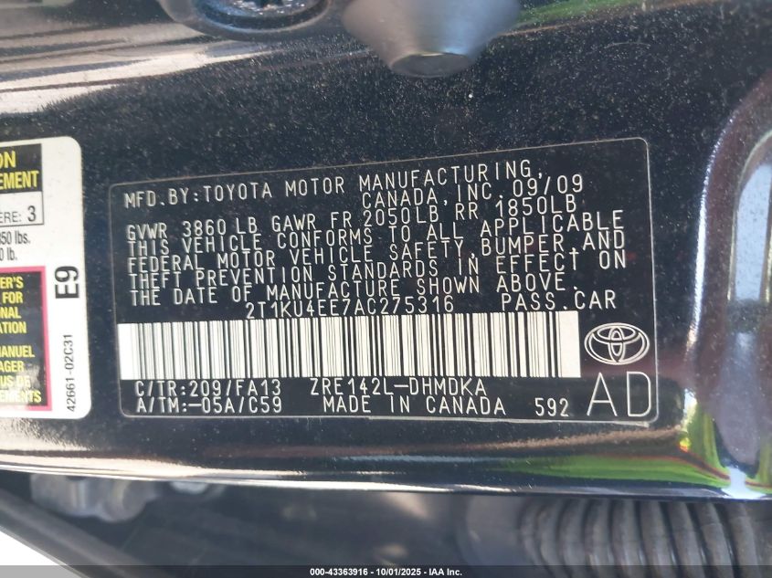 2010 Toyota Matrix VIN: 2T1KU4EE7AC275316 Lot: 43363916