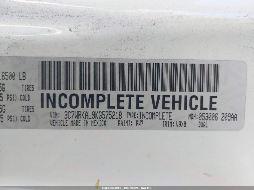 2019 Ram 4500 Chassis Tradesman/Slt VIN: 3C7WRKAL9KG575218 Lot: 43363918