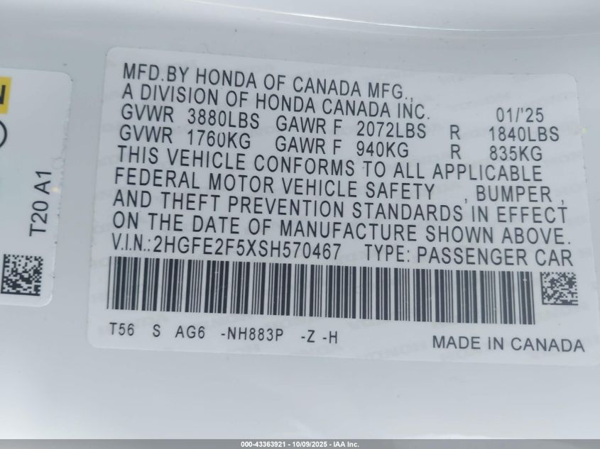 2025 Honda Civic Sport VIN: 2HGFE2F5XSH570467 Lot: 43363921