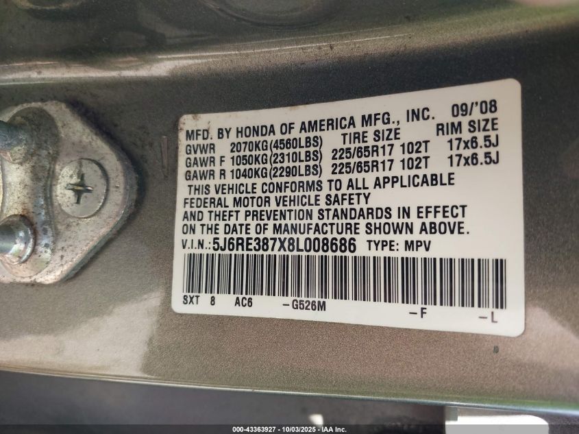 2008 Honda Cr-V Ex-L VIN: 5J6RE387X8L008686 Lot: 43363927