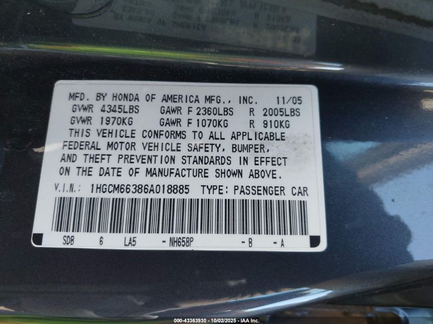 2006 Honda Accord 3.0 Lx VIN: 1HGCM66386A018885 Lot: 43363930