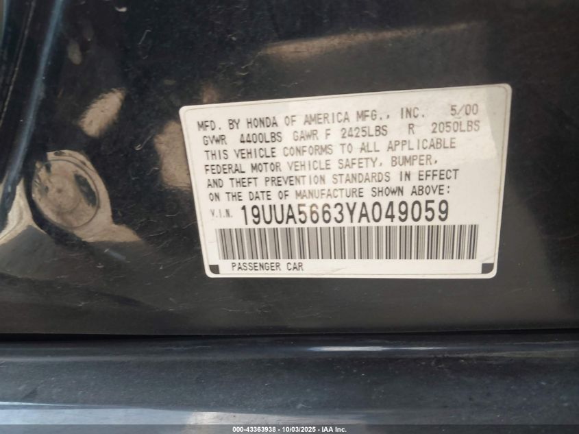 2000 Acura Tl 3.2 VIN: 19UUA5663YA049059 Lot: 43363938