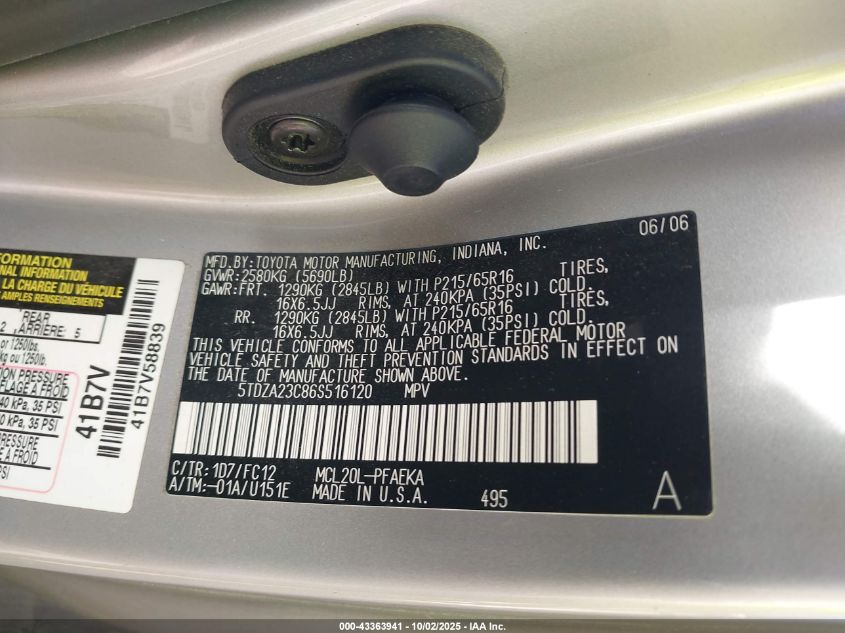 2006 Toyota Sienna Le VIN: 5TDZA23C86S516120 Lot: 43363941