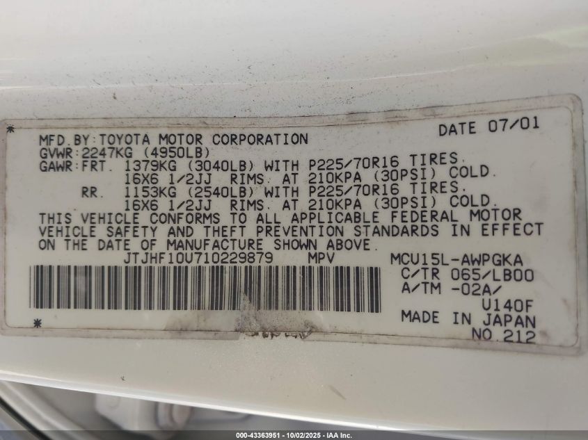 2001 Lexus Rx 300 VIN: JTJHF10U710229879 Lot: 43363951