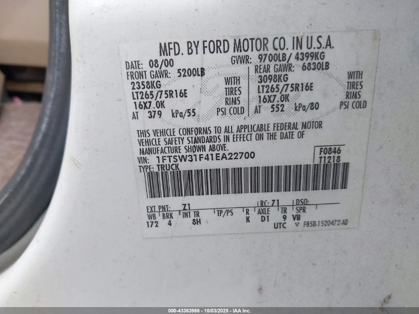 2001 Ford F-350 Lariat/Xl/Xlt VIN: 1FTSW31F41EA22700 Lot: 43363966