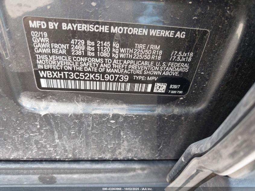 2019 BMW X1 xDrive28I VIN: WBXHT3C52K5L90739 Lot: 43363968