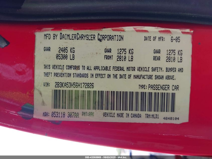 2006 Dodge Charger Rt VIN: 2B3KA53H56H172826 Lot: 43363969