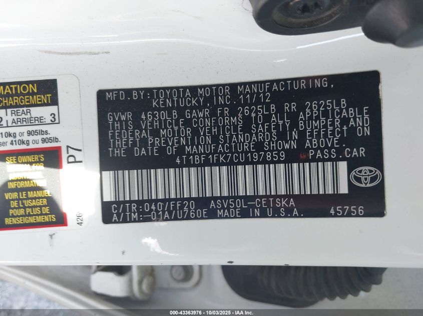 2012 Toyota Camry Se VIN: 4T1BF1FK7CU197859 Lot: 43363976