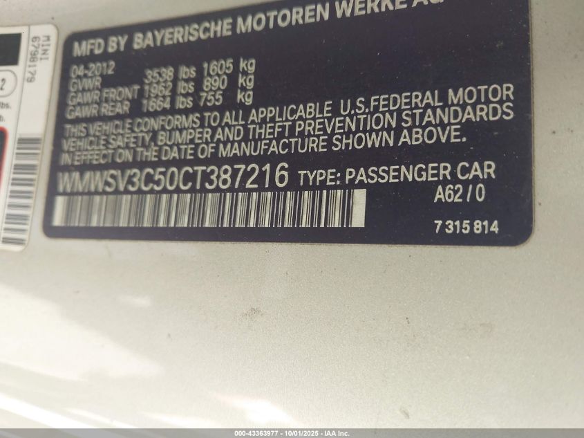 2012 Mini Cooper S VIN: WMWSV3C50CT387216 Lot: 43363977