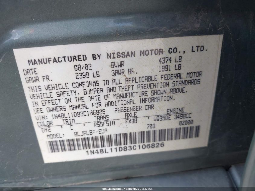2003 Nissan Altima 3.5 Se VIN: 1N4BL11D83C106826 Lot: 43363986