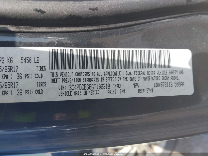 2016 Dodge Journey Sxt VIN: 3C4PDCBG8GT102318 Lot: 43363988