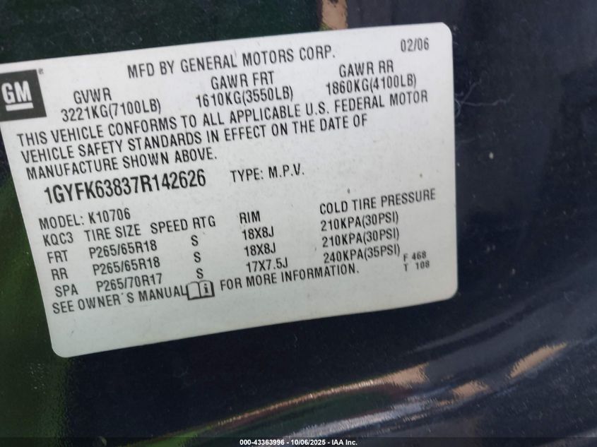 2007 Cadillac Escalade Standard VIN: 1GYFK63837R142626 Lot: 43363996