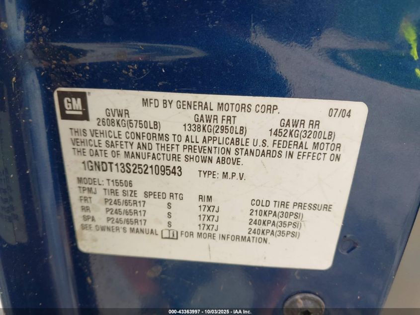 2005 Chevrolet Trailblazer Ls VIN: 1GNDT13S252109543 Lot: 43363997