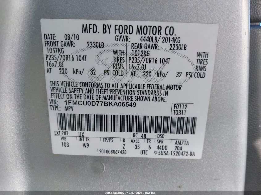 2011 Ford Escape Xlt VIN: 1FMCU0D77BKA06549 Lot: 43364002