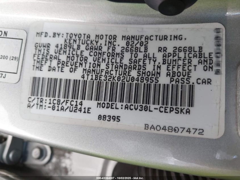 2002 Toyota Camry Se VIN: 4T1BE32K02U048955 Lot: 43364007