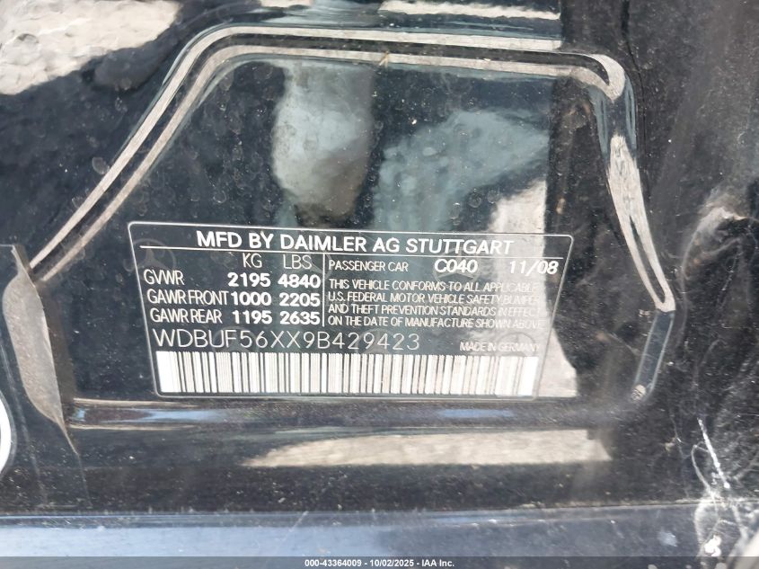 2009 Mercedes-Benz E 350 VIN: WDBUF56XX9B429423 Lot: 43364009