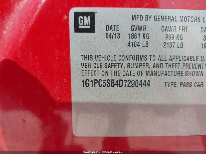 2013 Chevrolet Cruze 1Lt Auto VIN: 1G1PC5SB4D7290444 Lot: 43364010