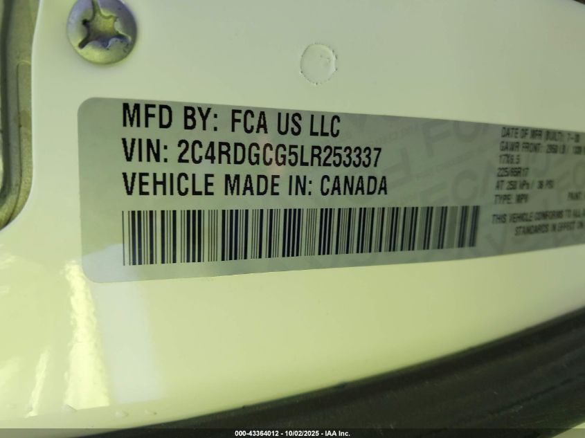 2020 Dodge Grand Caravan Sxt VIN: 2C4RDGCG5LR253337 Lot: 43364012