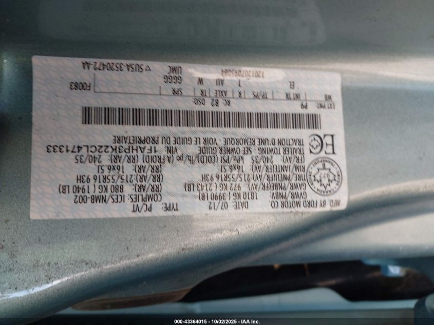 2012 Ford Focus Se VIN: 1FAHP3K22CL471333 Lot: 43364015