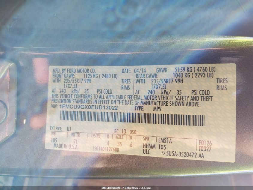 2014 Ford Escape Se VIN: 1FMCU9GX0EUD13022 Lot: 43364020