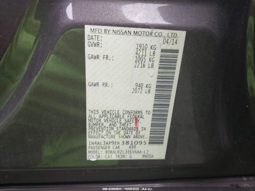 2014 Nissan Altima 2.5 S VIN: 1N4AL3AP9EN381095 Lot: 43364023